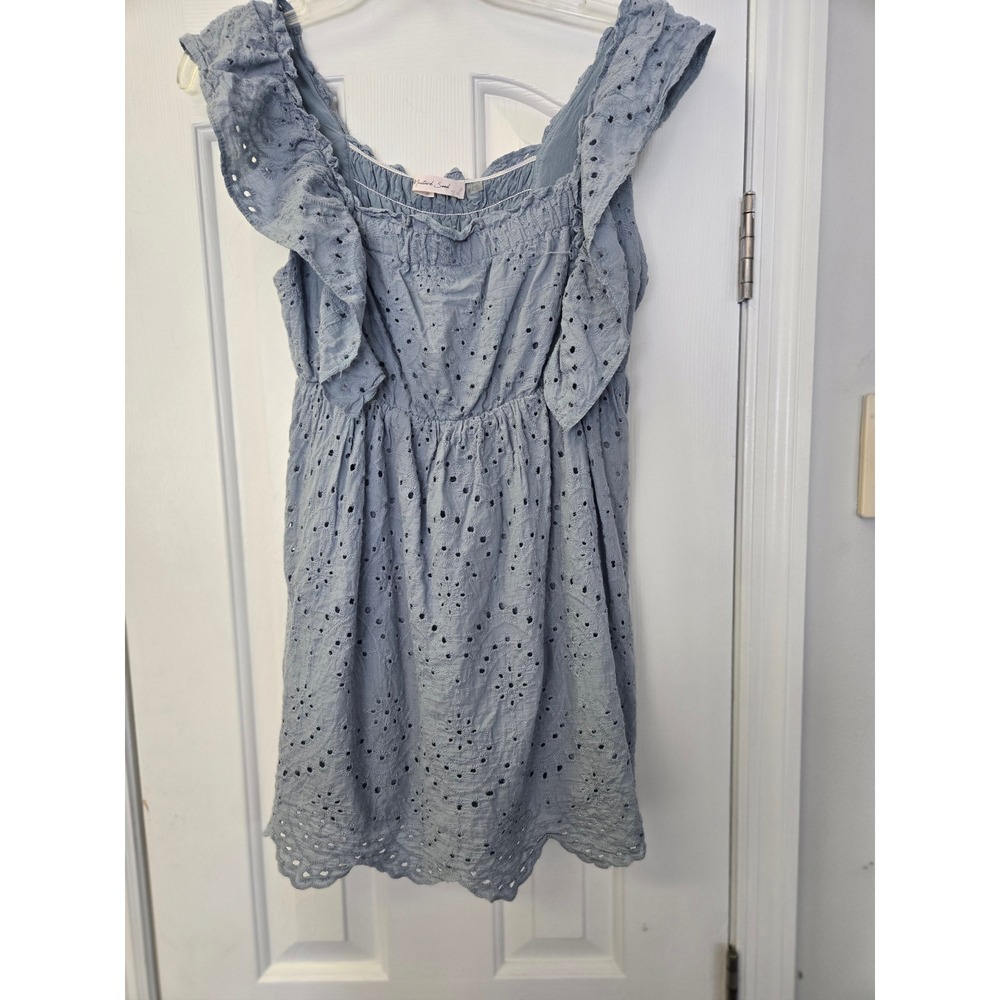 Mustard Seed Blue Eyelet Ruffle Romper Smocked Back S Cottagecore Coastal Summer